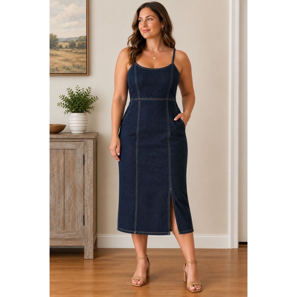 Steve Madden Denim Midi Dress Size 12 Dark Wash Fitted Spaghetti Strap EUC